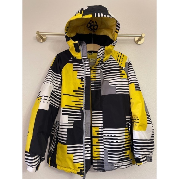 686 Youth Boys Large Ski Snowboard Jacket Geometric Print Hooded Winter Coat - Picture 1 of 14